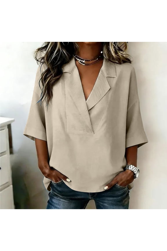 Womens Tops 3/4 Sleeve Turn down Collar T-Shirts Casual Loose Summer Plain Dailywear Basic Tops