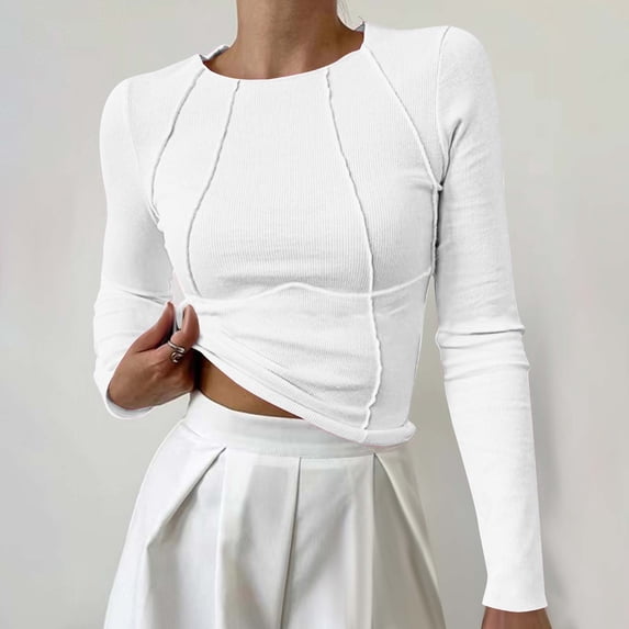 tarylea Womens Tops Crew Neck Long Sleeve Crop Tops Ribbed Slim Fitted T-Shirts Casual Stretch Comfy Fall Tops