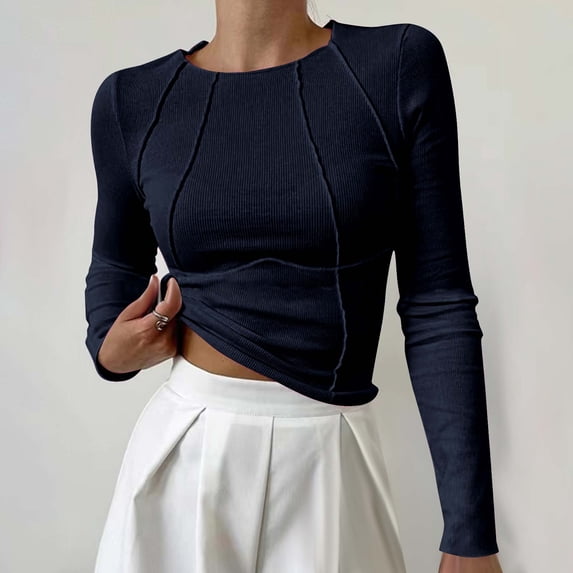 tarylea Womens Tops Crew Neck Long Sleeve Crop Tops Ribbed Slim Fitted T-Shirts Casual Stretch Comfy Fall Tops