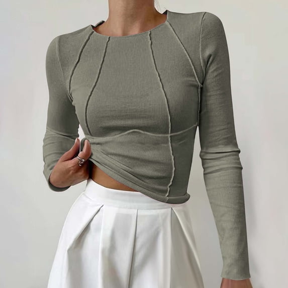tarylea Womens Tops Crew Neck Long Sleeve Crop Tops Ribbed Slim Fitted T-Shirts Casual Stretch Comfy Fall Tops