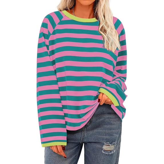 tarylea Womens Tops Crew Neck Long Sleeve Striped Blouse Color Blocked Loose T-Shirts Casual Dressy Fall Cute Tops