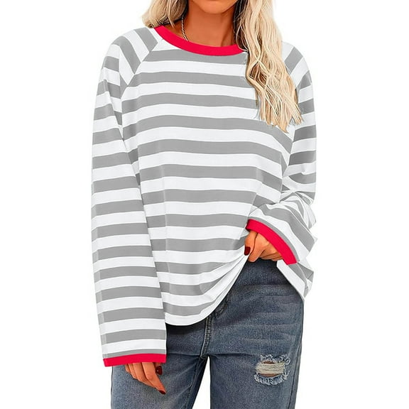tarylea Womens Tops Crew Neck Long Sleeve Striped Blouse Color Blocked Loose T-Shirts Casual Dressy Fall Cute Tops