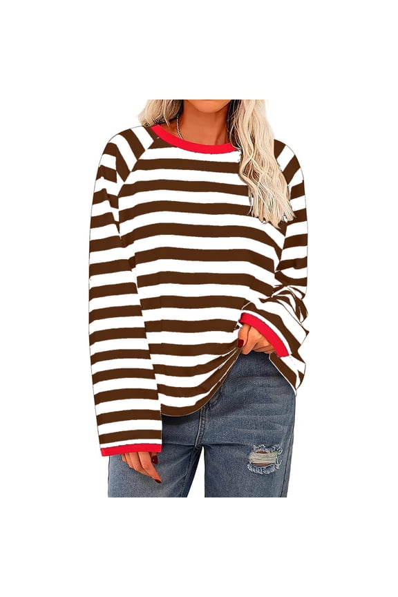 Womens Tops Crew Neck Long Sleeve Striped Blouse Color Blocked T-Shirts Casual Loose Fall Dailywear Tops