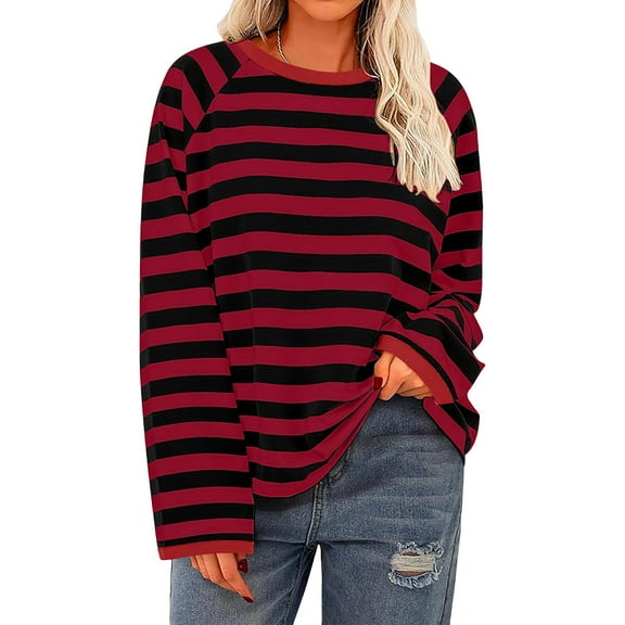 tarylea Womens Tops Crew Neck Long Sleeve Striped Blouse Color Blocked T-Shirts Casual Loose Fall Dailywear Tops