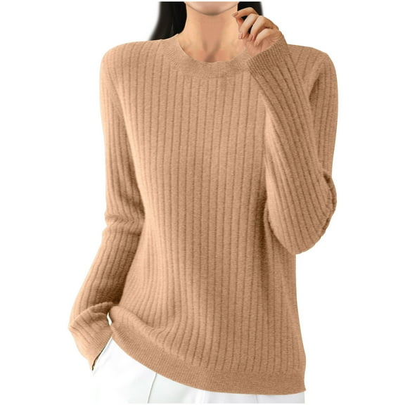 tarylea Womens Tops Crew Neck Ribbed Knitted Sweater Solid Color Long Sleeve Pullover Casual Loose Fall Stretch Comfy Dailywear Tops