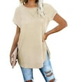 thumbnail image 1 of tarylea Womens Tops Crew Neck Short Sleeve Long Shirts Solid Color Slit Hem Tunic Casual Loose Summer Comfy Dailywear Tops, 1 of 7