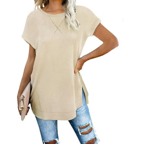 tarylea Womens Tops Crew Neck Short Sleeve Long Shirts Solid Color Slit Hem Tunic Casual Loose Summer Comfy Dailywear Tops