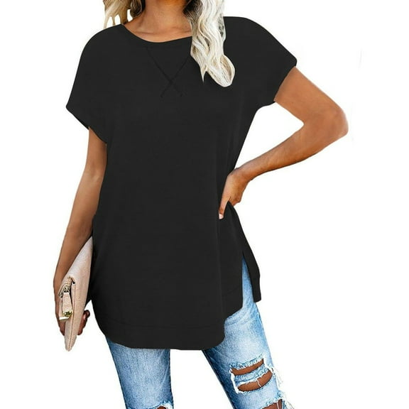 tarylea Womens Tops Crew Neck Short Sleeve Long Shirts Solid Color Slit Hem Tunic Casual Loose Summer Comfy Dailywear Tops