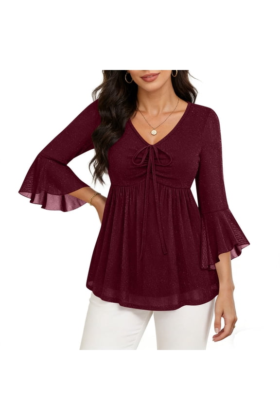 Womens Tops Cropped Flare Sleeve V Neck Drawstring Ruched Tunic Tops Casual Summer Dressy Cute Blouse Top