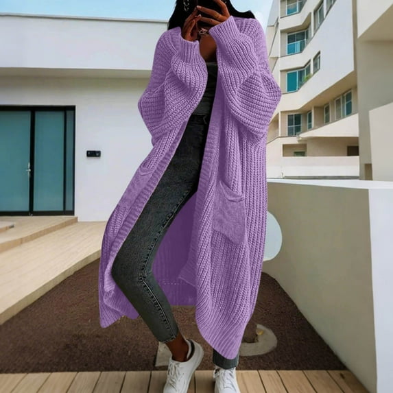 tarylea Womens Cardigan Long Lantern Sleeve Open Front Ribbed Knitted Sweaters with Pockets Casual Loose Dressy Fall Chunky Sweater