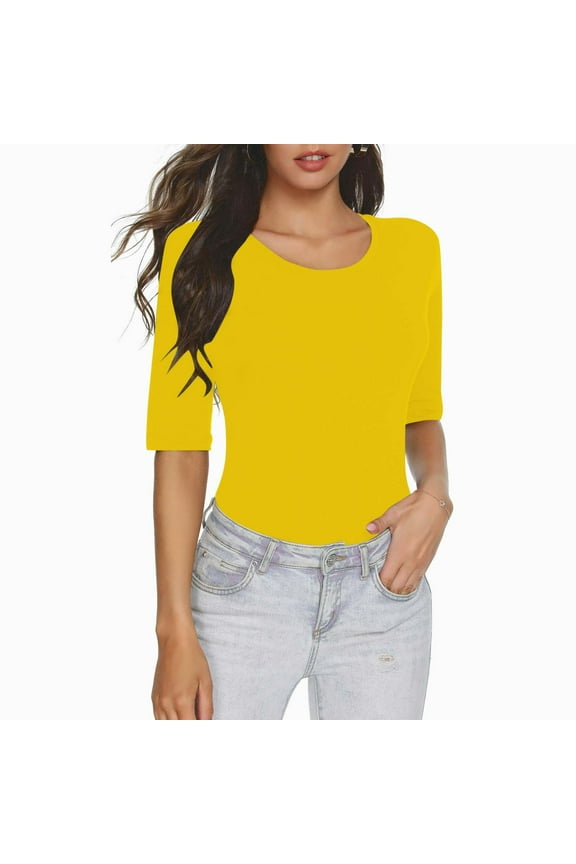 Womens Tops Elbow Length Sleeve Scoop Neck Slim Fitted T-Shirts Casual Stretch Summer Dailywear Tops