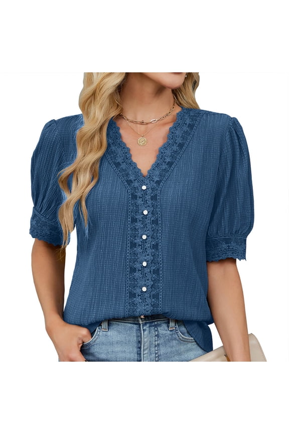 Womens Tops Elbow Length Sleeve V Neck Lace Blocked Blouse Casual Loose Summer Dressy Solid Color Shirts