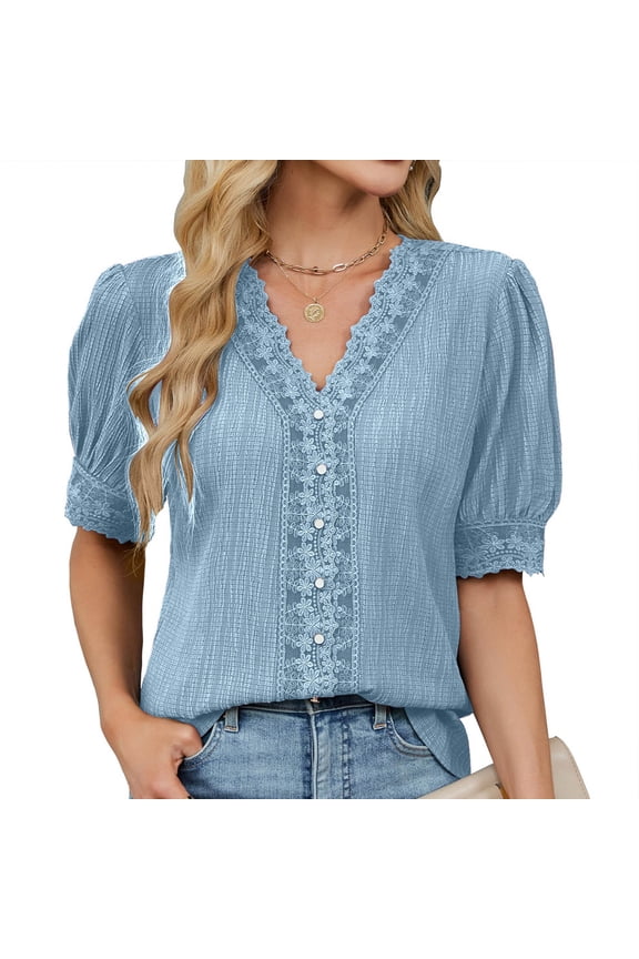 Womens Tops Elbow Length Sleeve V Neck Lace Blocked Blouse Casual Loose Summer Dressy Solid Color Shirts