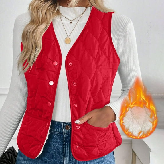 tarylea Womens Tops Fleece Lined V Neck Button down Vests Solid Color Sleeveless Fitted Crop Tops Casual Warm Winter Dailywear Tops