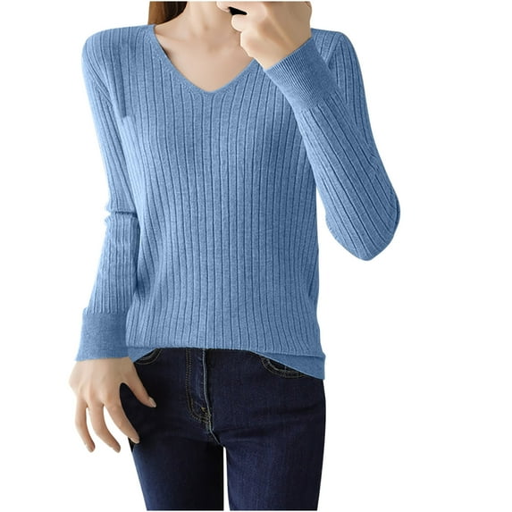 tarylea Womens Tops Knitted Sweater Tops V Neck Long Sleeve Pullover Solid Color Fitting Shirts Casual Fall Basic Trendy Tops