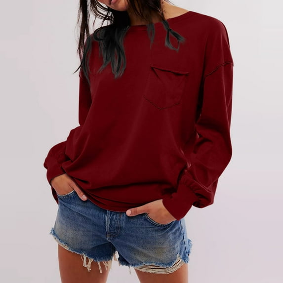 tarylea Womens Tops Long Sleeve Crewneck Cinch Cuff Oversized Pullover Casual Loose Fall Solid Color Tops with Pocket