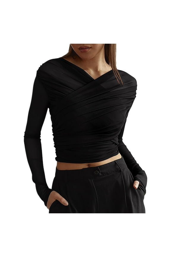 Womens Tops Mesh Long Sleeve Cross Front Blouse Slim Fitted See-Through Crop Tops Casual Stretch Comfy Gong out Tops