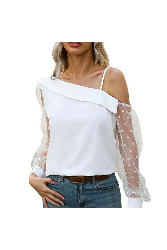 Womens Tops One Shoulder Spaghetti Strap Blouse Dotted Mesh Splicing Shirts See-Through Casual Loose Trendy Dressy Tops