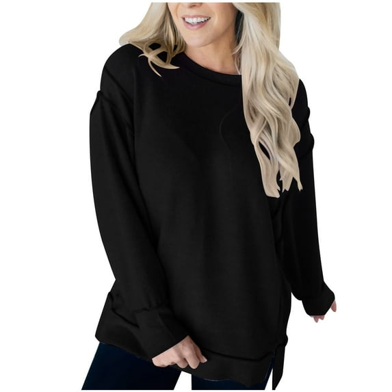 tarylea Womens Tops Plus Size Pullover Crew Neck Split Hem Sweatshirt Solid Color Loose Tops Casual Fall Outwear Shirts