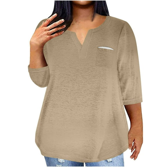 tarylea Womens Tops Plus Size Shirts V Neck 3/4 Sleeve Tunic with Pocket Solid Color Loose Shirts Casual Trendy Basic Pullover