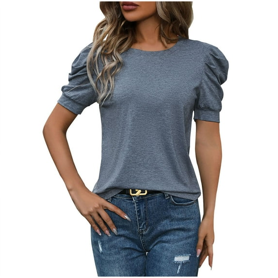 tarylea Womens Tops Puff Short Sleeve Work Shirts Round Neck T Shirts Solid Color Business Casual Top