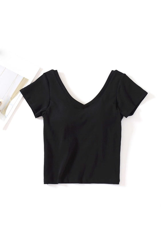 Womens Tops Ribbed Short Sleeve V Neck Built in Bra Crop Tops Casual Comfy Summer Lounge Tops