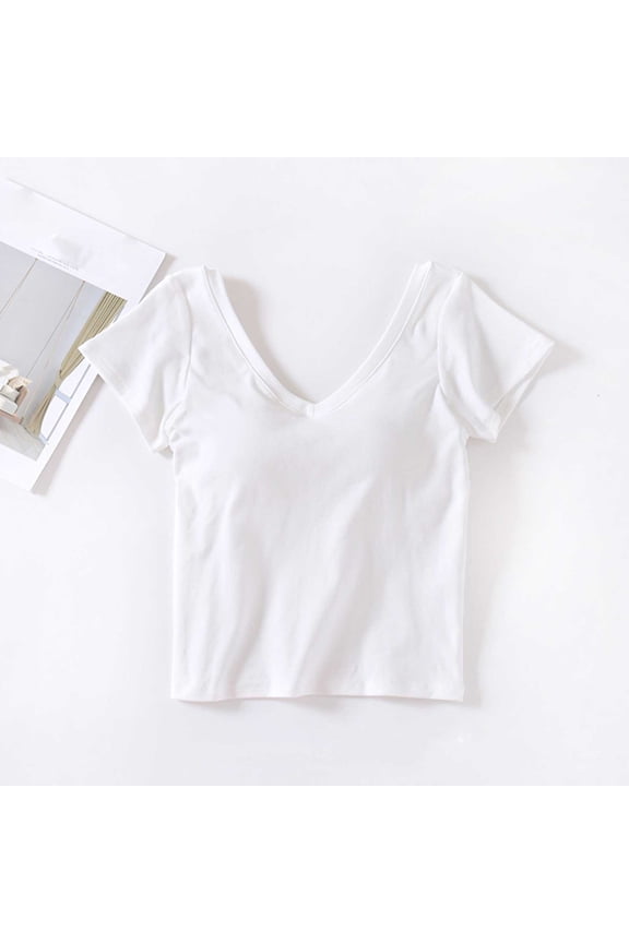 Womens Tops Ribbed Short Sleeve V Neck Built in Bra Crop Tops Casual Comfy Summer Lounge Tops