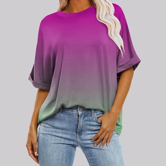 tarylea Womens Tops Rolled Short Sleeve Crew Neck Oversized T-Shirts Casual Loose Summer Comfy Basic Dailywear Tops