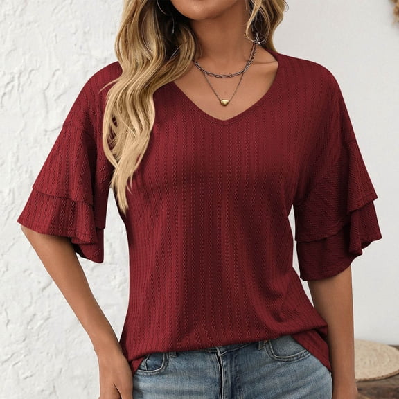 tarylea Womens Tops Ruffled Elbow Length Sleeve V Neck Blouse Casual Loose Summer Comfy Solid Color Dressy Tops