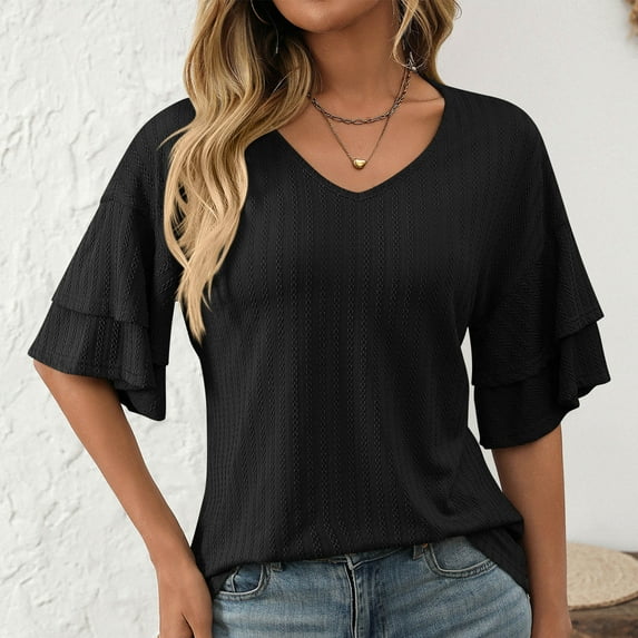 tarylea Womens Tops Ruffled Elbow Length Sleeve V Neck Blouse Casual Loose Summer Comfy Solid Color Dressy Tops
