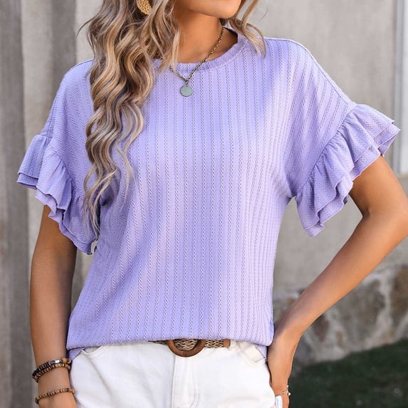 tarylea Womens Tops Ruffled Short Sleeve Crew Neck Blouse Casual Loose Summer Dressy Solid Color T-Shirts