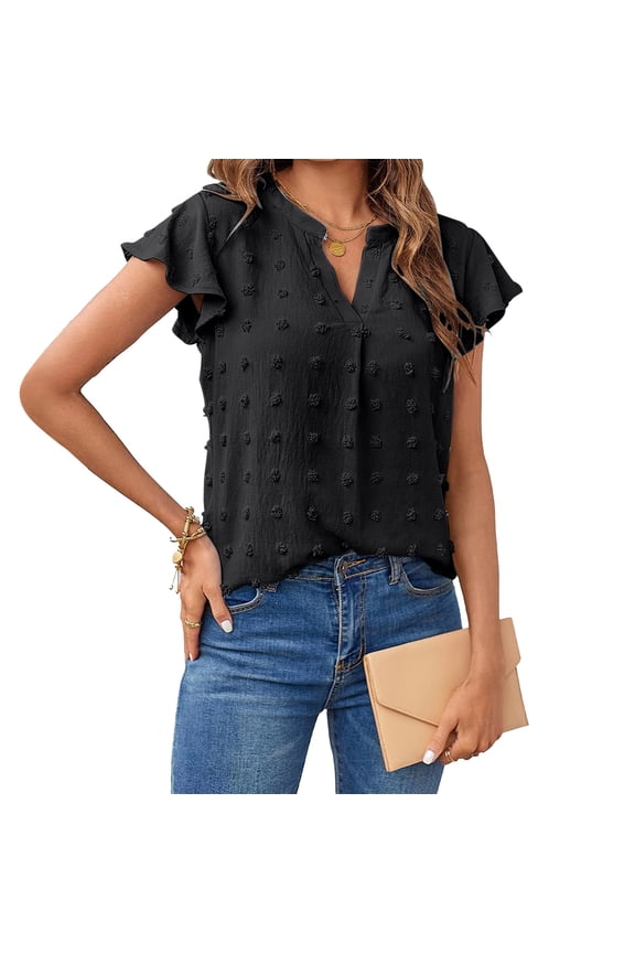 Womens Tops Ruffled Short Sleeve Notch Neck Lightweight Blouse Casual Loose Summer Dressy T-Shirt Tops