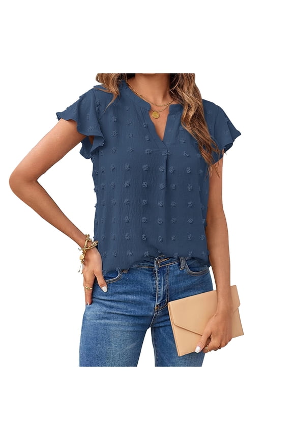 Womens Tops Ruffled Short Sleeve Notch Neck Lightweight Blouse Casual Loose Summer Dressy T-Shirt Tops