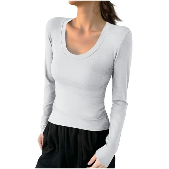tarylea Womens Tops Scoop Neck Long Sleeve Tops Solid Color Slim Fitted Undershirts Casual Fall Stretch Comfy Dailywear Tops