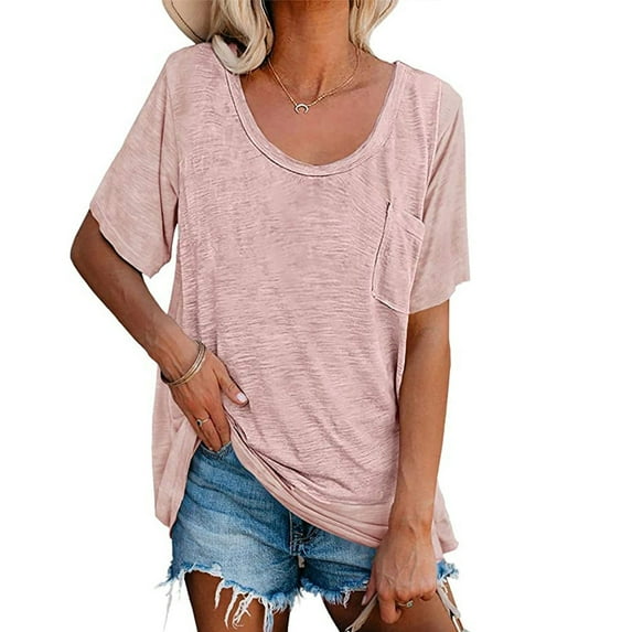 tarylea Womens Tops Scoop Neck Short Sleeve T-Shirts Solid Color Loose Blouse with Pockets Casual Summer Comfy Breathable Tops