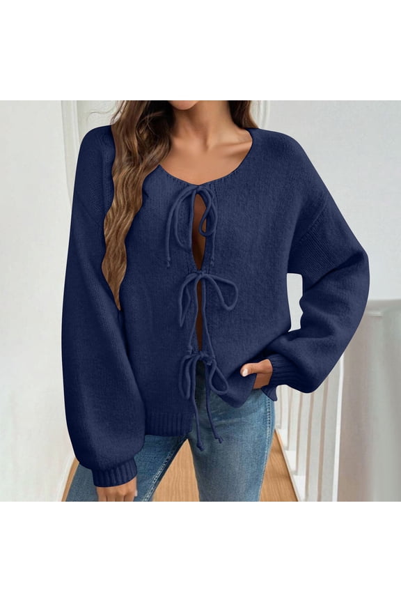 Womens Tops Scoop Neck Tie Front Knitted Cardigan Solid Color Long Lantern Sleeve Sweater Casual Dressy Fall Going out Tops