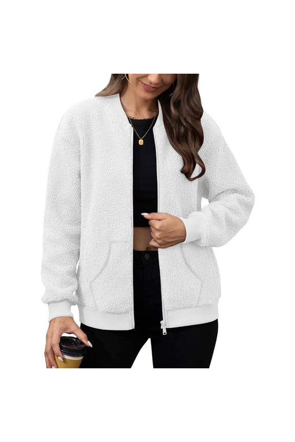 Womens Tops Sherpa Long Sleeve Zip up Jackets Crew Neck Cinch Cuff Sweatshirts Casual Comfy Winter Tops