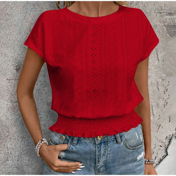 tarylea Womens Tops Short Sleeve Crew Neck Eyelet Hem-Tuck Crop Top Casual Dressy Summer Solid Color Blouse Tops