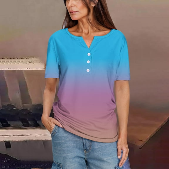 tarylea Womens Tops Short Sleeve Notch Neck Button T-Shirts Casual Loose Summer Gradient Color Dailywear Tops
