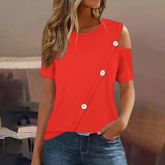 tarylea Womens Tops Short Sleeve One Shoulder Crew Neck Button T-Shirts Casual Summer Dressy Gradient Color Tee Tops