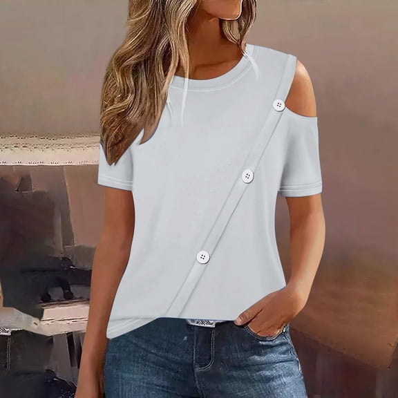 tarylea Womens Tops Short Sleeve One Shoulder Crew Neck Button T-Shirts Casual Summer Dressy Gradient Color Tee Tops