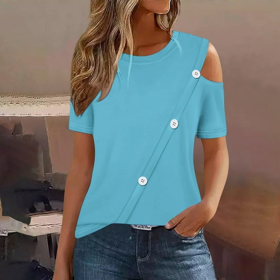 tarylea Womens Tops Short Sleeve One Shoulder Crew Neck Button T-Shirts Casual Summer Dressy Gradient Color Tee Tops