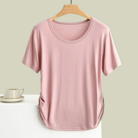 tarylea Womens Tops Short Sleeve Round Neck Curved Hem Side Pleated T-Shirt Casual Loose Comfy Summer Basic Tops