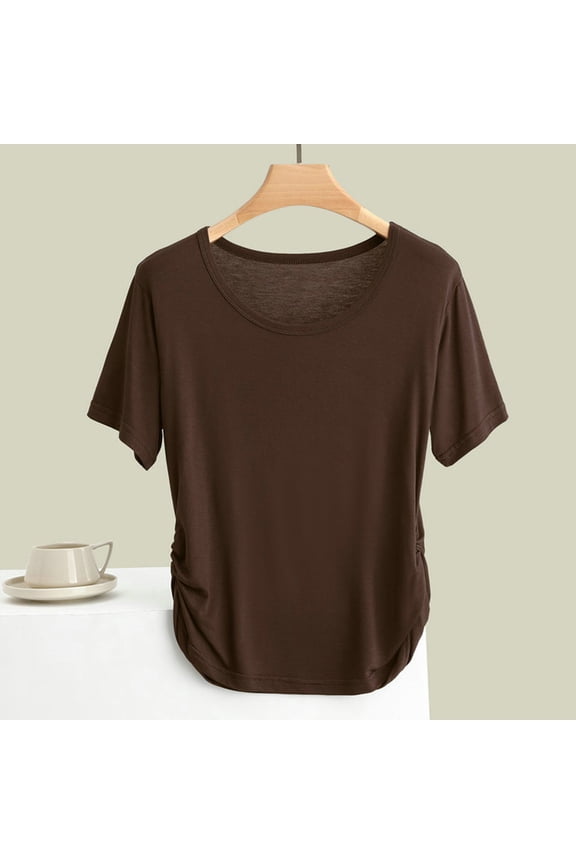 Womens Tops Short Sleeve Round Neck Curved Hem Side Pleated T-Shirt Casual Loose Comfy Summer Basic Tops
