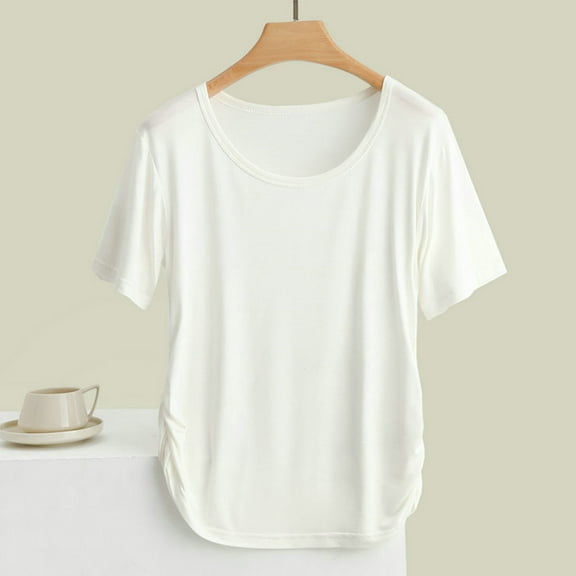 tarylea Womens Tops Short Sleeve Round Neck Curved Hem Side Pleated T-Shirt Casual Loose Comfy Summer Basic Tops