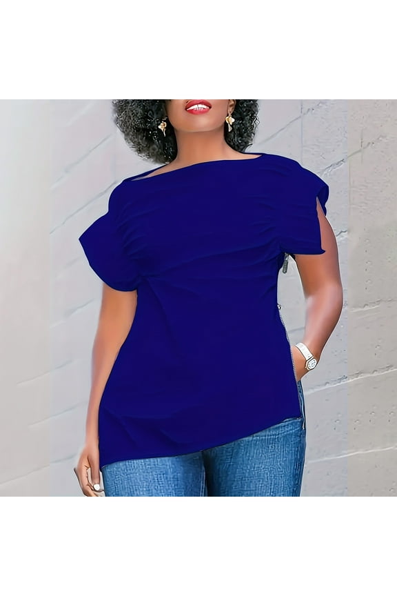 Womens Tops Short Sleeve Side Zipper Scoop Neck Irregular Hem Blouse Casual Summer Dressy Cute Tops