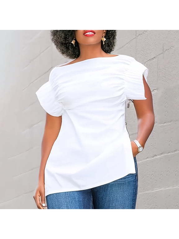 Womens Tops Short Sleeve Side Zipper Scoop Neck Irregular Hem Blouse Casual Summer Dressy Cute Tops