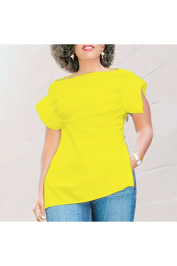 Womens Tops Short Sleeve Side Zipper Scoop Neck Irregular Hem Blouse Casual Summer Dressy Cute Tops