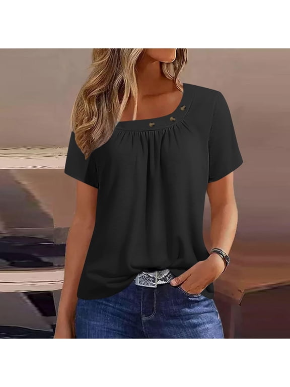 Womens Tops Short Sleeve Square Neck Button Ruched T-Shirts Casual Summer Comfy Plain Color Tee Tops