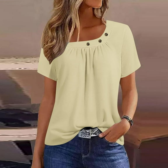 tarylea Womens Tops Short Sleeve Square Neck Button Ruched T-Shirts Casual Summer Comfy Plain Color Tee Tops